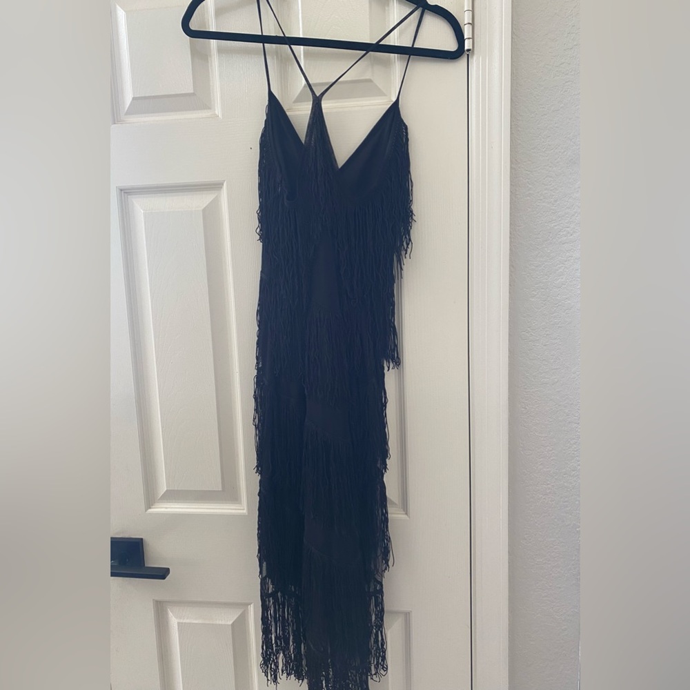 Dress, black dress, fringe dress, little black dress.